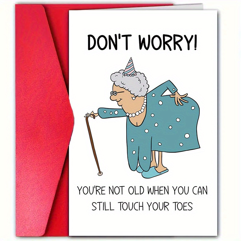 TEMU 4pcs (2 Greeting Cards + 2 Envelopes) Fun Birthday Cards With Envelopes, 4.72 "x 7.09", Optimistic Old Lady, With Cane And Birthday Hat Design,