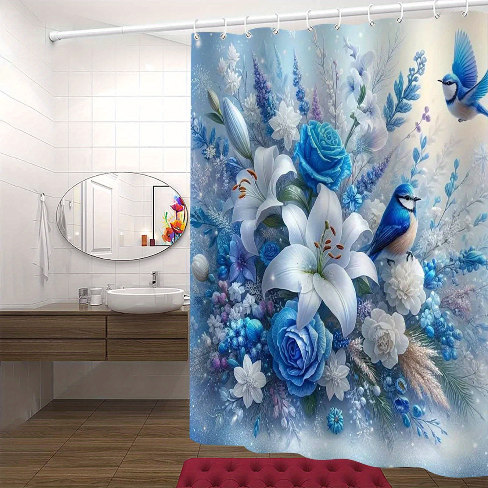TEMU 1 rideau de douche tendance style nordique avec fleurs de rose et bleues, rideau de salle de bain élégant haut de gamme, rideau de douche