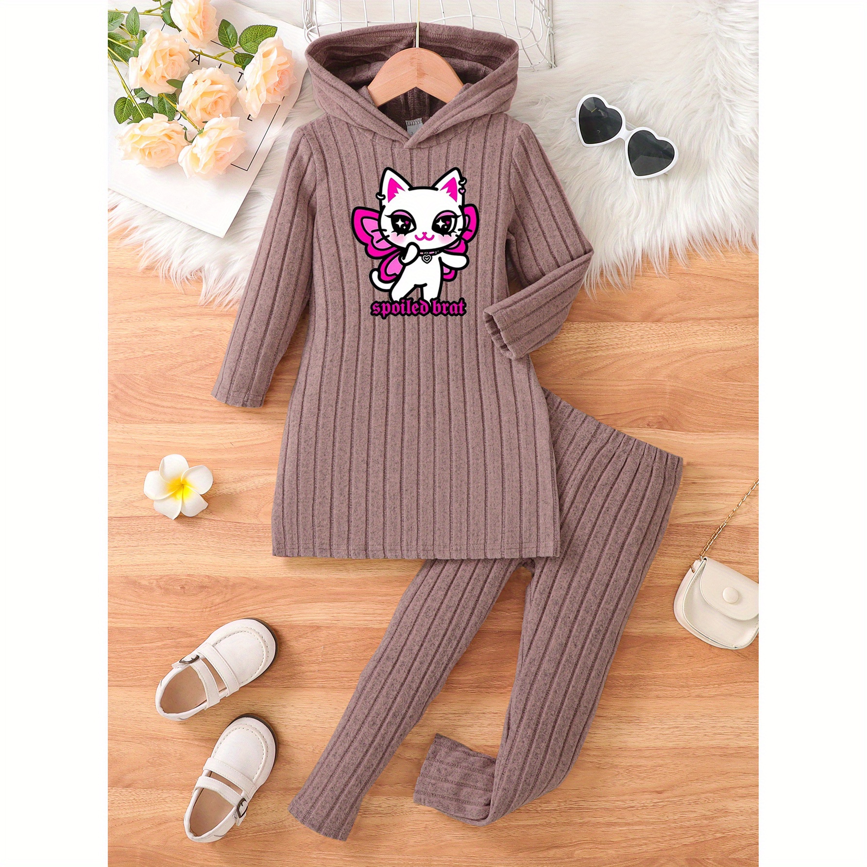 

Cat & Letter Hooded And -fit Pants Set - , , Outfit Convenience - For And , For