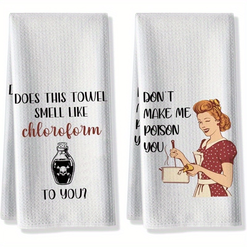 

2pcs Funny Cartoon Kitchen Towels Set, "does This Towel Smell Like Chloroform" & "don't You" Absorbent Woven Polyester Dish Towels, Soft Contemporary Style For Baking, Hostess Gift, Housewarming