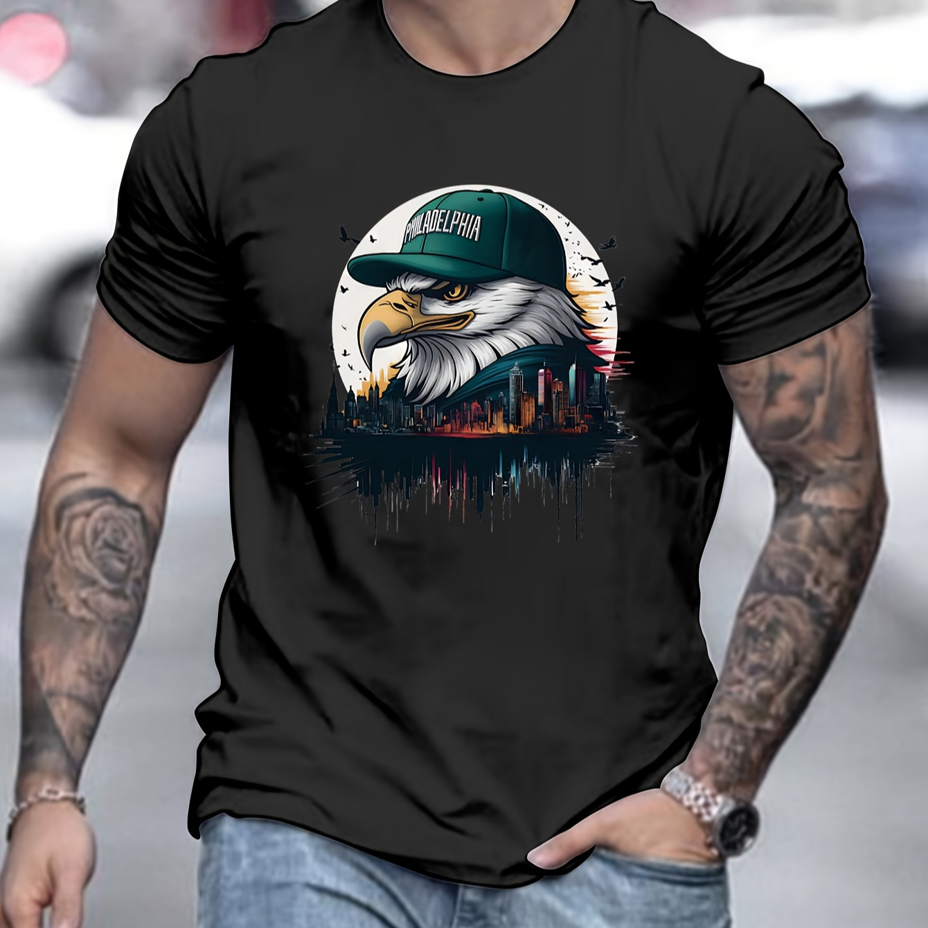 

Men's Cotton T-shirt, Crew Neck, Short Sleeve, Slight Stretch, Solid Color, Knit Fabric, Regular Fit, With Philadelphia Eagle Graphic, For Casual Wear