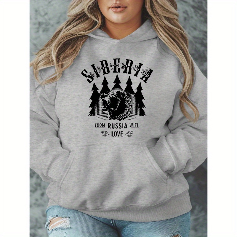 

Women's Plus Size Siberia Hoodie, Casual Pullover Sweatshirt With Letter Print, Long Sleeve, Polyester, Stretch Fabric, Autumn/, With Pockets