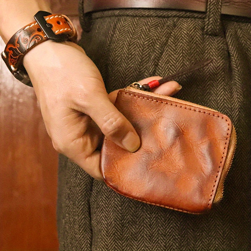 

Vintage-inspired Men's Leather Wallet - Handcrafted, Top Layer Cowhide With Zipper, Compact Coin & Card Holder, , Vegetable Tanned, Change Bag,