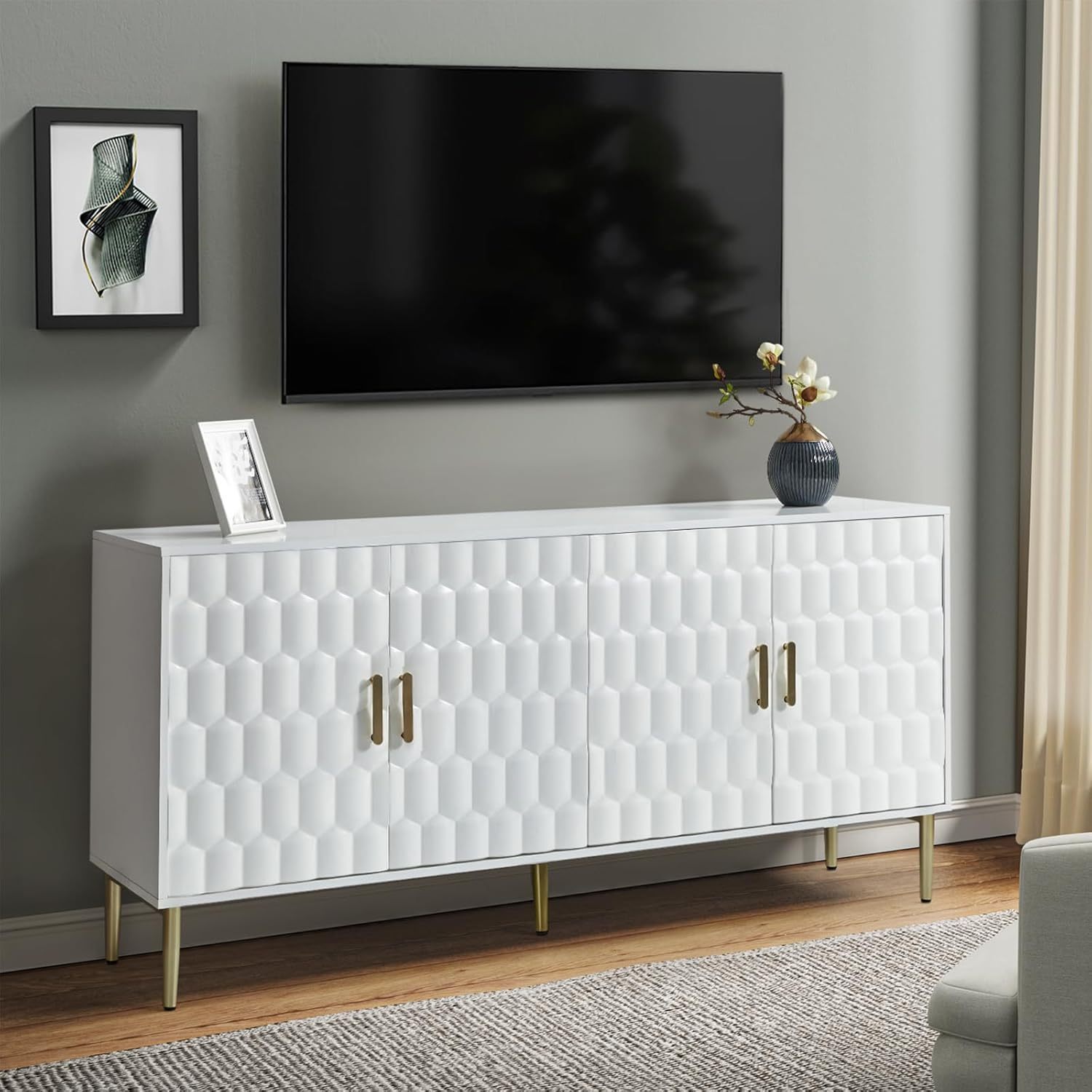 Modern Sideboard Buffet Cabinet with Solid Wood Door, 63 Inches Accent Cabinet with Metal Legs, Black
