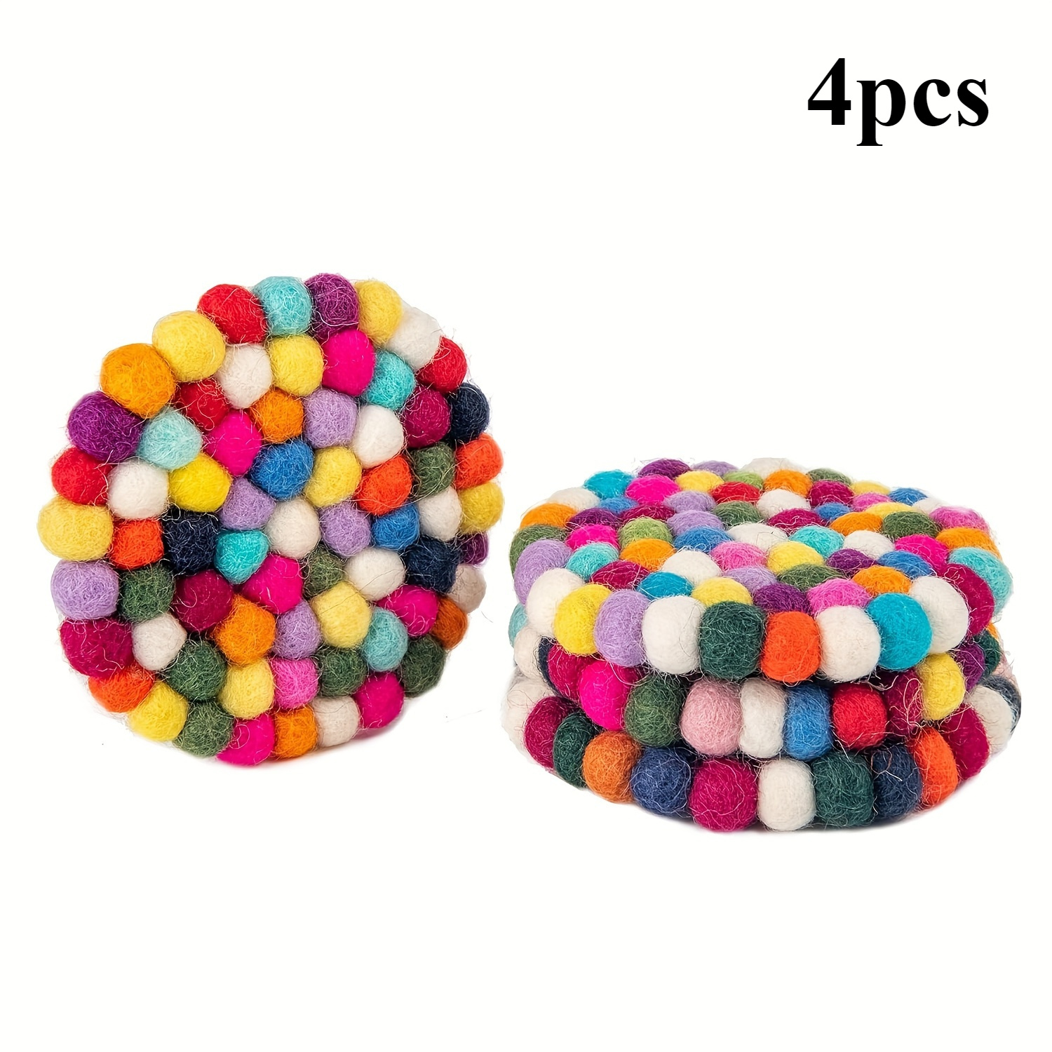 4pcs Handcrafted Rainbow Felt Ball Coasters, Absorbent Fabric Drink Mats For Bar Decor