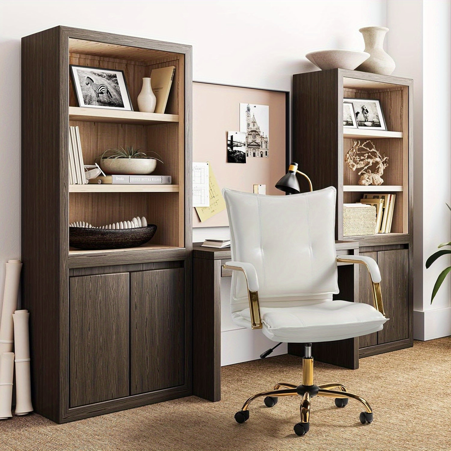 HULALA HOME White Faux Leather Office Chair - Golden Accents