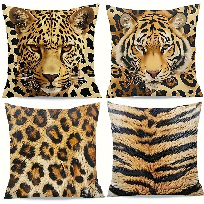 TEMU 4pcs Of Lion And Leopard Pattern Cushion Cover, -friendly Pillow Cover, Home Holiday Decoration, Suitable For Various Room Types Of Living Room