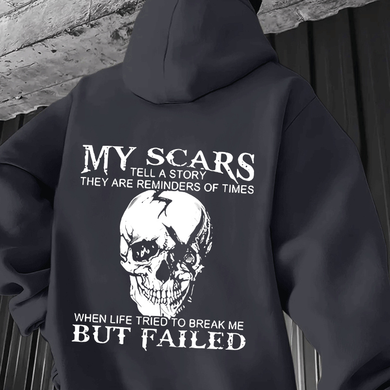 

Men's Inspirational Skull Graphic Hoodie - "my Scars A Story" Print, Comfortable , Long Sleeve, Casual & Top For Fall/winter With Drawstring Hood, Skull Hoodie