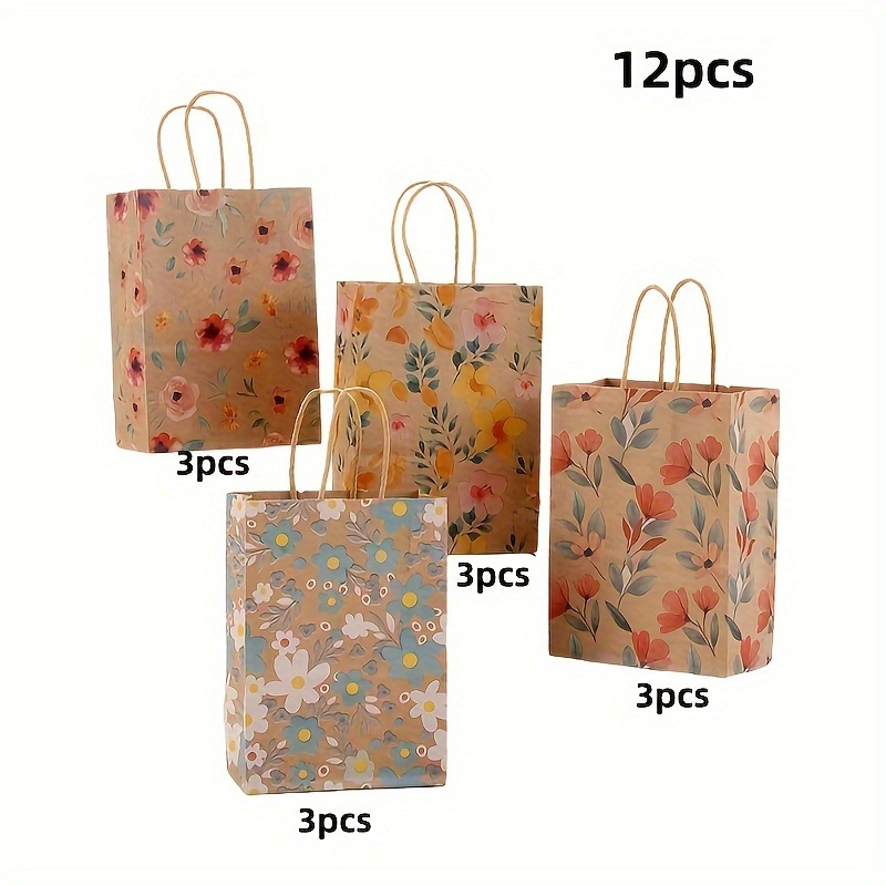 Image of Gift For Her/him 12pcs Paper Gift Bags With Handles - Of Floral Patterns For Parties, Mother's Day, Weddings, Birthdays