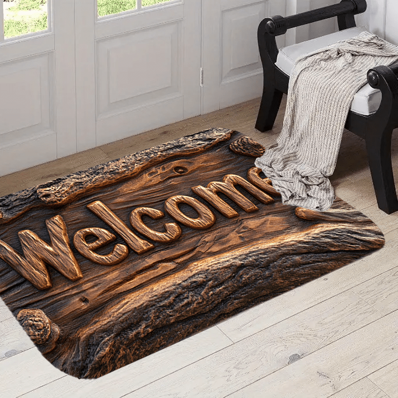 

Rustic Welcome Doormat - Polyester Wood Texture, Machine Washable, Tones, , Ideal For Christmas Decor And Gift