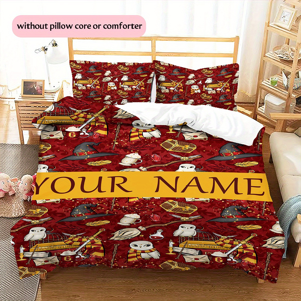 

Custom 3d Name Wizard & Owl Halloween Duvet Cover Set - Red Cartoon Print, Soft Polyester Bedding With Zipper Closure For All - Includes 1 Duvet Cover And 2 Pillowcases