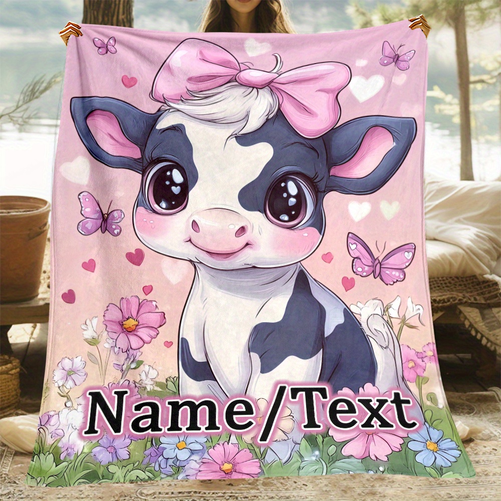 

Personalized Cow Print Flannel Blanket - Custom Name/text, Lightweight Throw For Couch, Bed, Travel | Ideal Gift For Family & Friends