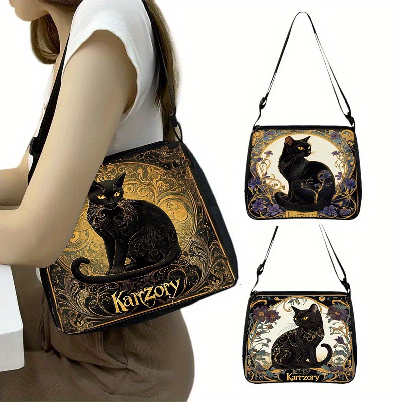 

1pc Karzory Black Cat Print Crossbody Bag, Polyester Shoulder Bag With Internal Pockets, Large Capacity Casual Tote For Women