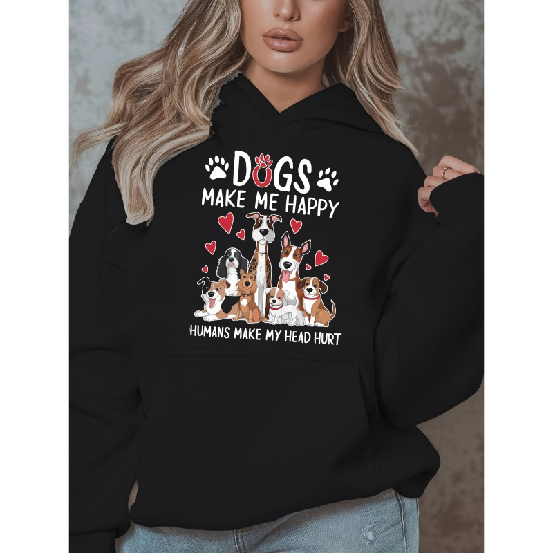 

1pc Plus Size Women's Casual Hoodie - Polyester Knit Pullover With "dogs Happy" Print, Round Neck Long Sleeve Sweatshirt With Pockets For Autumn/winter