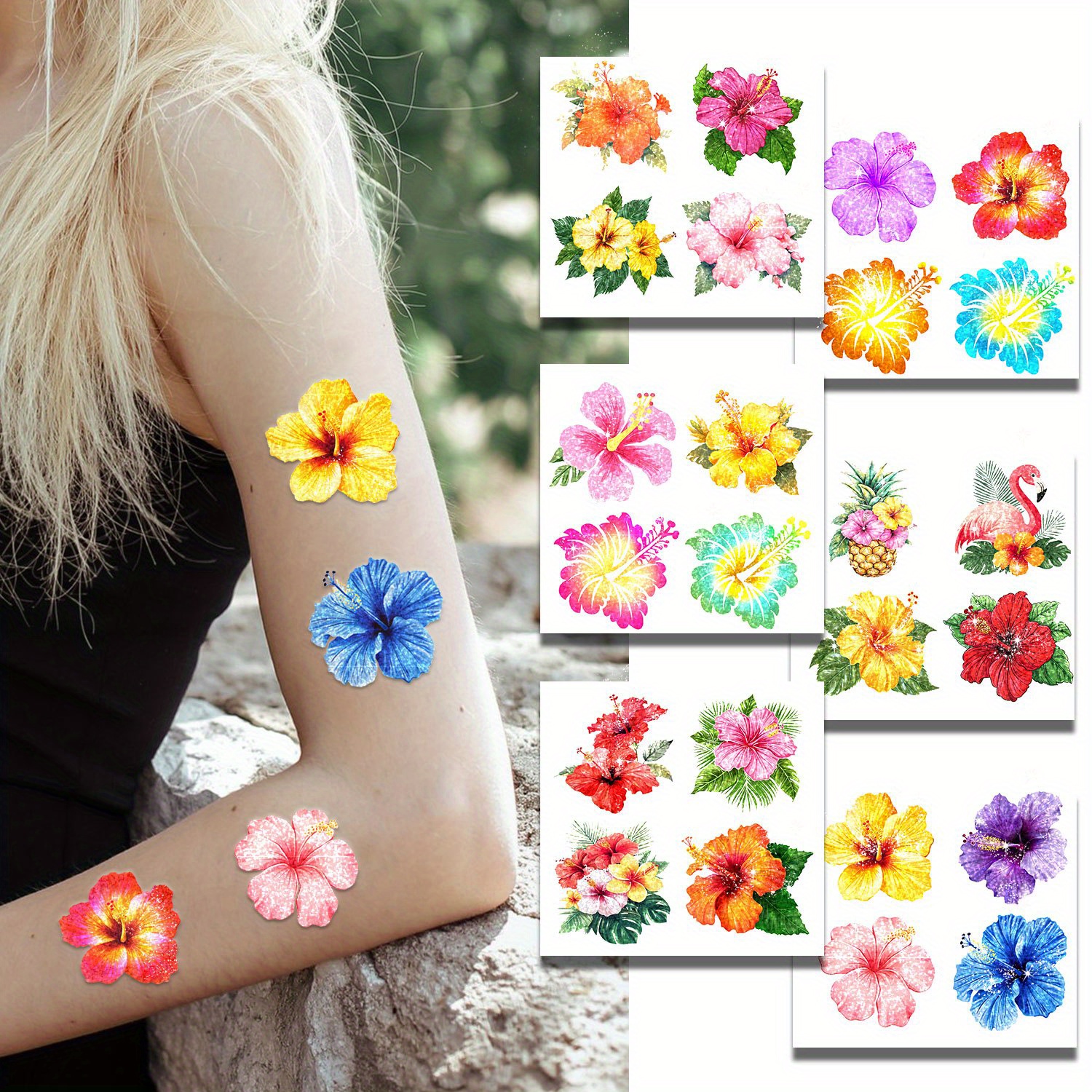 Image of Set Of 24 Temporary Tattoos Featuring Hibiscus Designs, Perfect For A Hawaiian Summer Theme. Glitter Stickers Are Ideal For Adults And Used As Party Favors