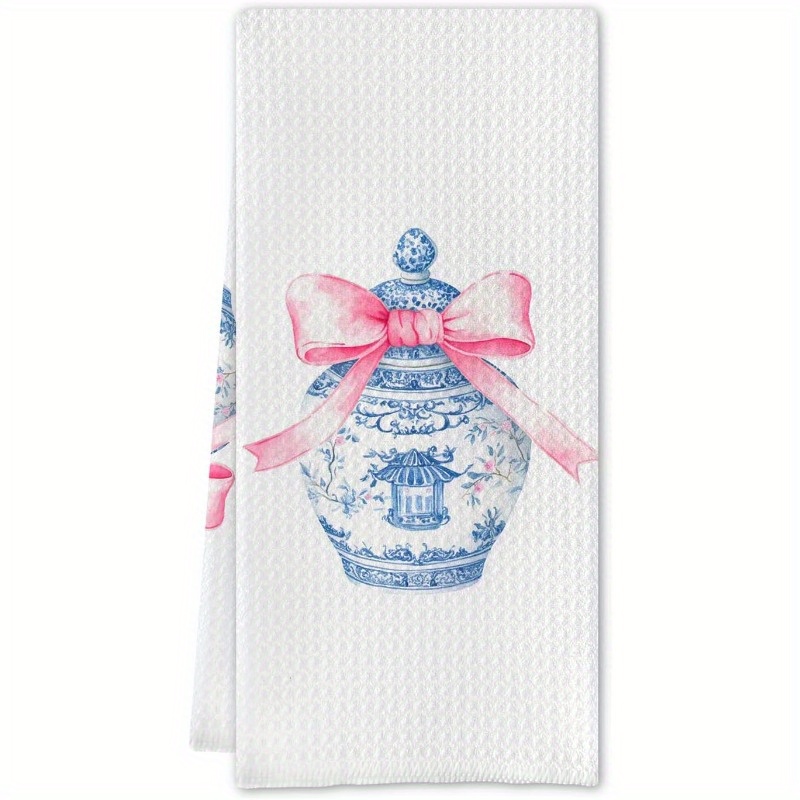 

1pc Set, Chinese Towel, Pink Bow Hand Towel, Blue And White Bow Dish Towel, College Style Tea Towel Kitchen Bathroom Decoration, Chinese Decorations, 18x26inches