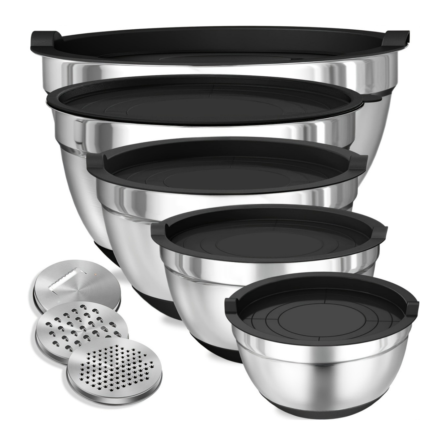 TEMU 8pcs Mixing Bowls With Airtight Lids, Stainless Steel Mixing Bowl Set, 3 Grater Attachments & Non-slip Bottoms, Black Kitchen Bowls, Size 5, 4, 3.5, 2, 1.5qt For Baking & Serving