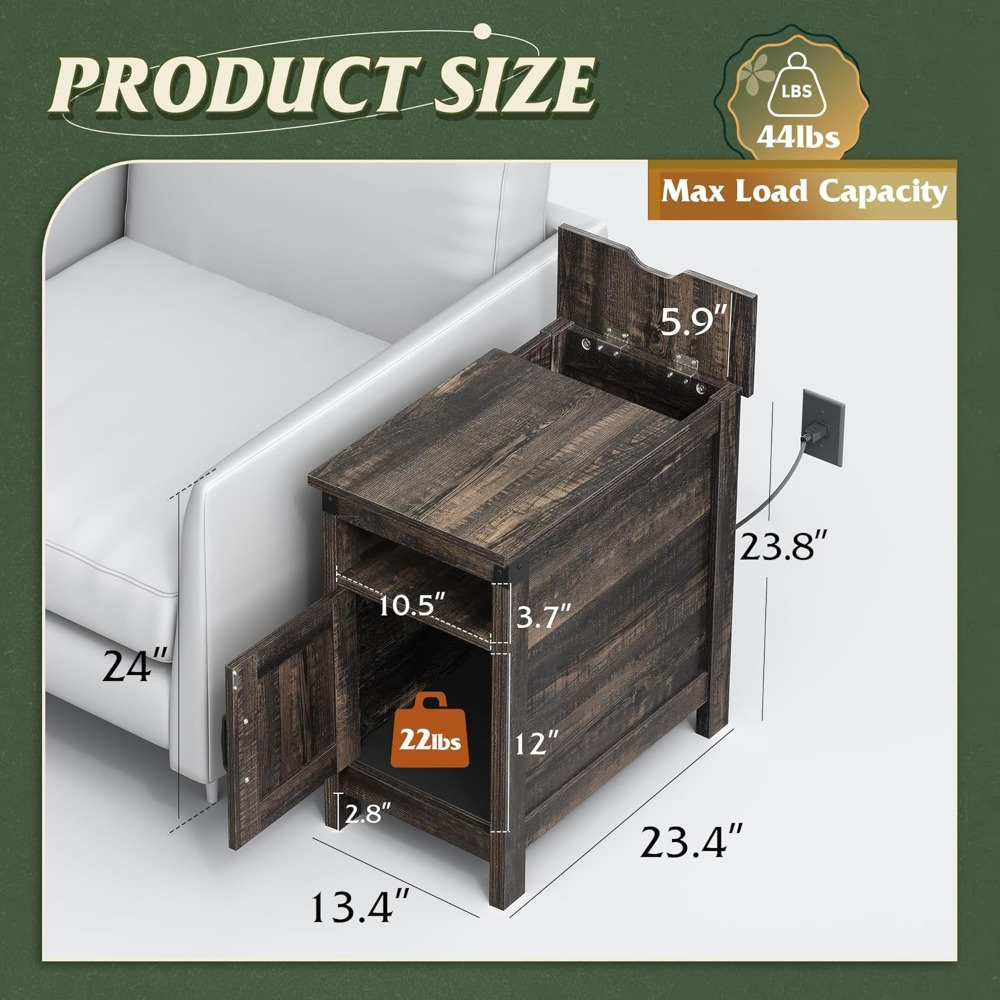 WLGSG End Table with Charging Station, Narrow Side Table with Storage