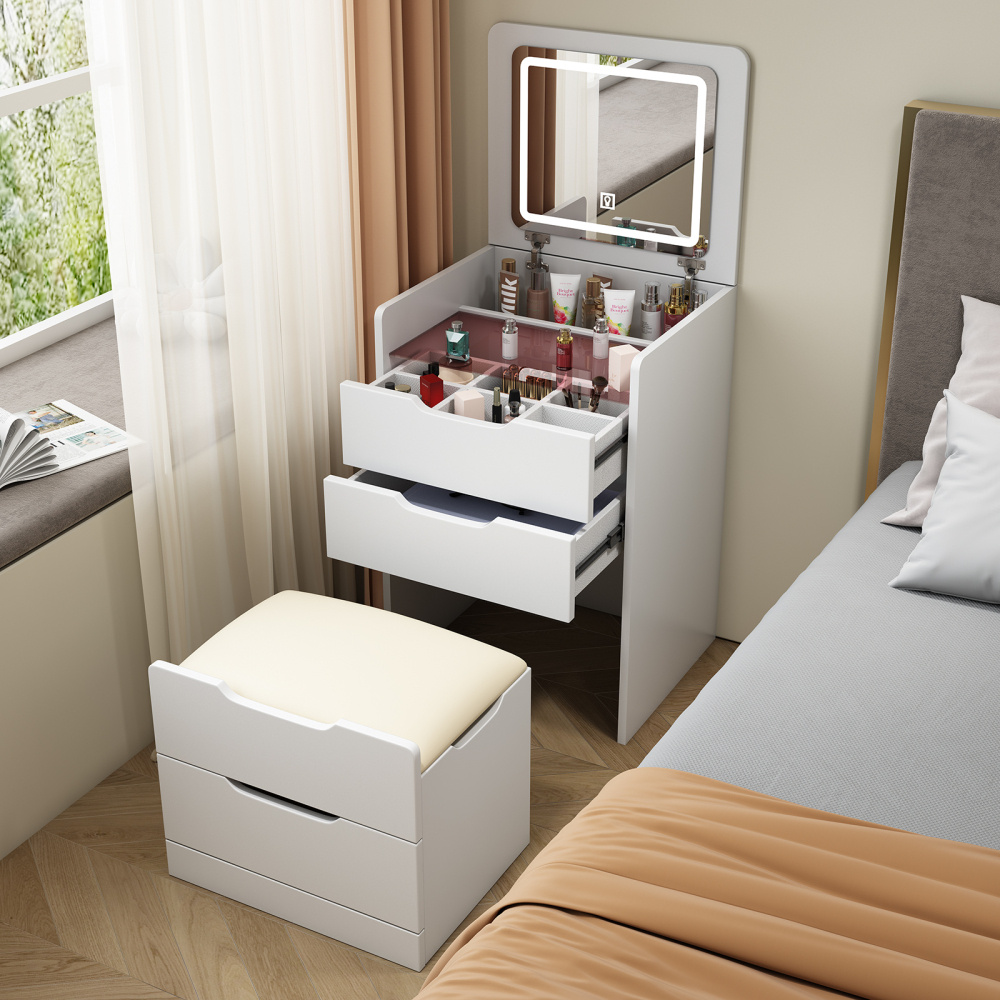 

3-in -1 Small Dressing Table, Dressing Table With Glass Table Top With Mirror, Compact Dressing Table With 3 Drawers And Stools, White