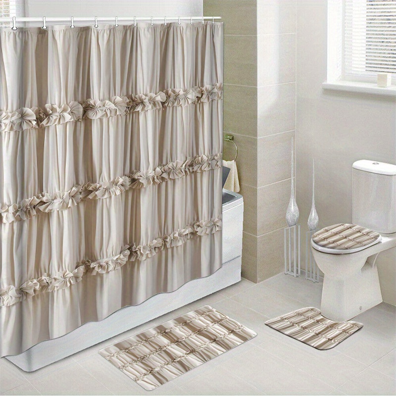 

1pc/4pcs Shower Curtain Set With 12 Hooks, Bath Mats Toilet Covers Seat, Bathroom Non-slip Rug Carpet Polyester Fabric Washable Curtain For Bathroom Accessories Home Decor(open)