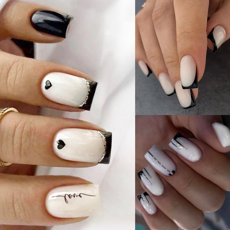 72pcs (3 Pack) Glossy Medium Square Fake Nail Set - Fake Nails With White And Fine Glitter Design, Cool Fake Nails - Easy To Apply, Long-lasting, Durable