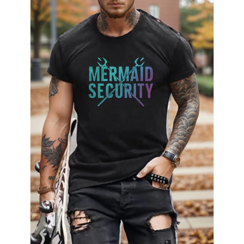 

Men's Mermaid Security Graphic T-shirt - Black Casual Short Sleeve Summer Tee With Print, Polyester , Round Neck, Machine Washable, Comfortable Tee | Fun Themed Apparel | Fabric