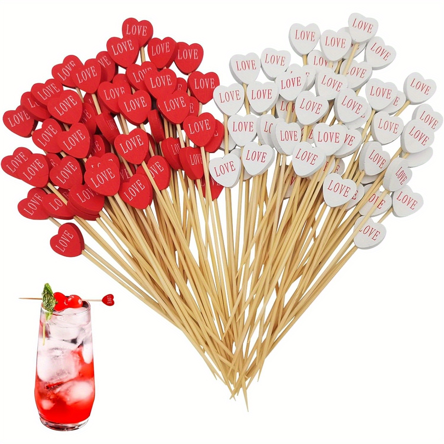 100pcs Valentine's Day Bamboo Cocktail Picks - Heart & Rainbow Designs For Appetizers, Cupcake Toppers & Party Decorations