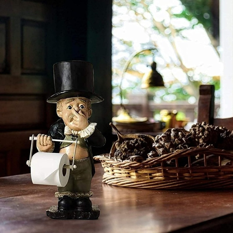 迷人陶瓷厕所管家雕像 - 搞笑卫生纸架，自粘墙挂饰风格，家居装饰树脂摆件，圣诞节/万圣节礼物装饰 2