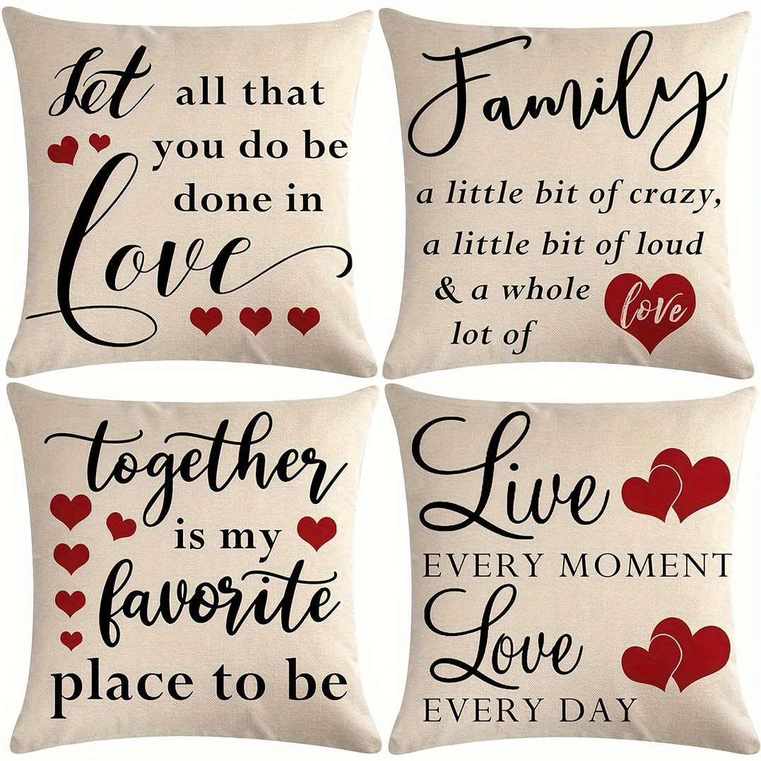 TEMU [clcarance And Closeout]4pcs Linen Throw Pillow Covers - Heart Decor, Farmhouse Inspirational Quote Decorative Pillow Covers, Sofa, Porch, Living Room Bedroom Home Decor, Without Pillow Insert