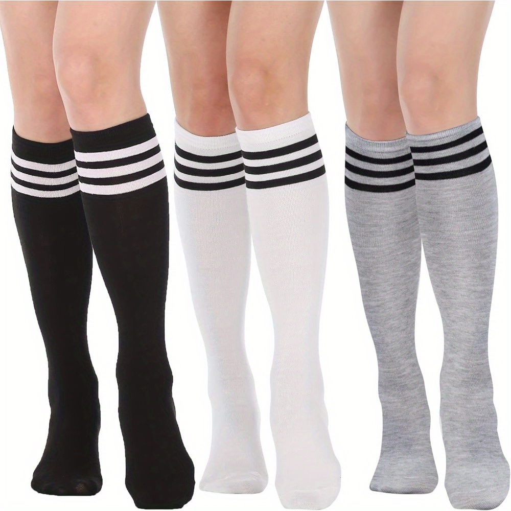 TEMU 3 Pairs Knit Knee Warmer Long Leg Stocking, Fashion Casual Sports Knee Solid Color Double Striped Long Socks, For Women Girls Gift