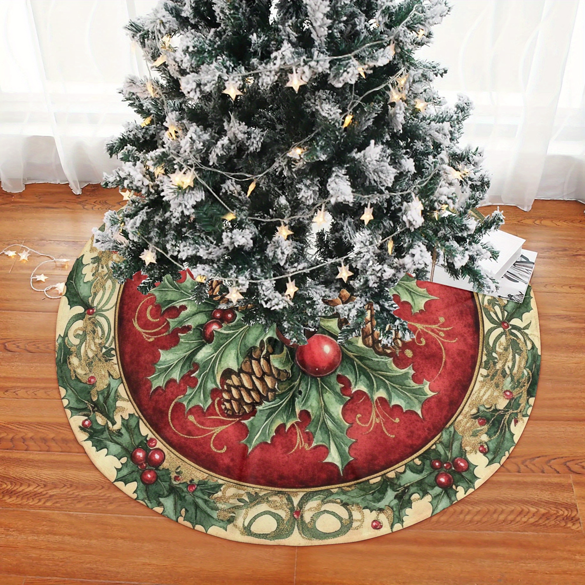 

Christmas Tree Skirt 48" - Festive , Holly & | Polyester Mat For Holiday Party & Home Decor