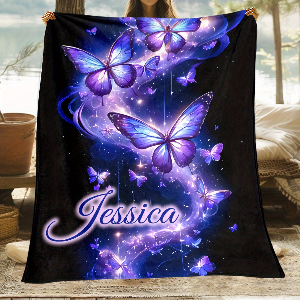 

Personalized Purple Butterfly Flannel Throw Blanket - Soft, Lightweight & Warm For Couch, Bed, Travel & Camping - Custom Name