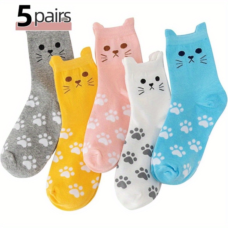TEMU 5 Pairs Of Women's Fun Casual Crew Socks With Colorful Cat Designs For Ankle Wear