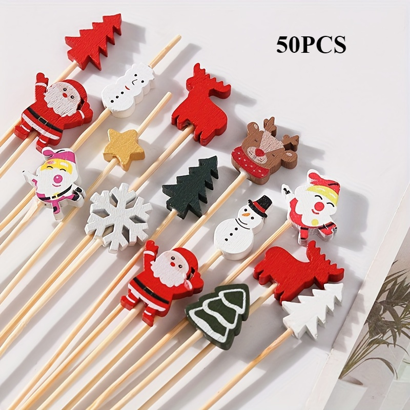 Image of 50pcs Christmas Themed Wooden Toothpicks - Festive Bamboo Skewers With Santa, Reindeer, Snowflake, Tree Toppers For Holiday Party Appetizers, Fruit Picks, And Cake Decorations