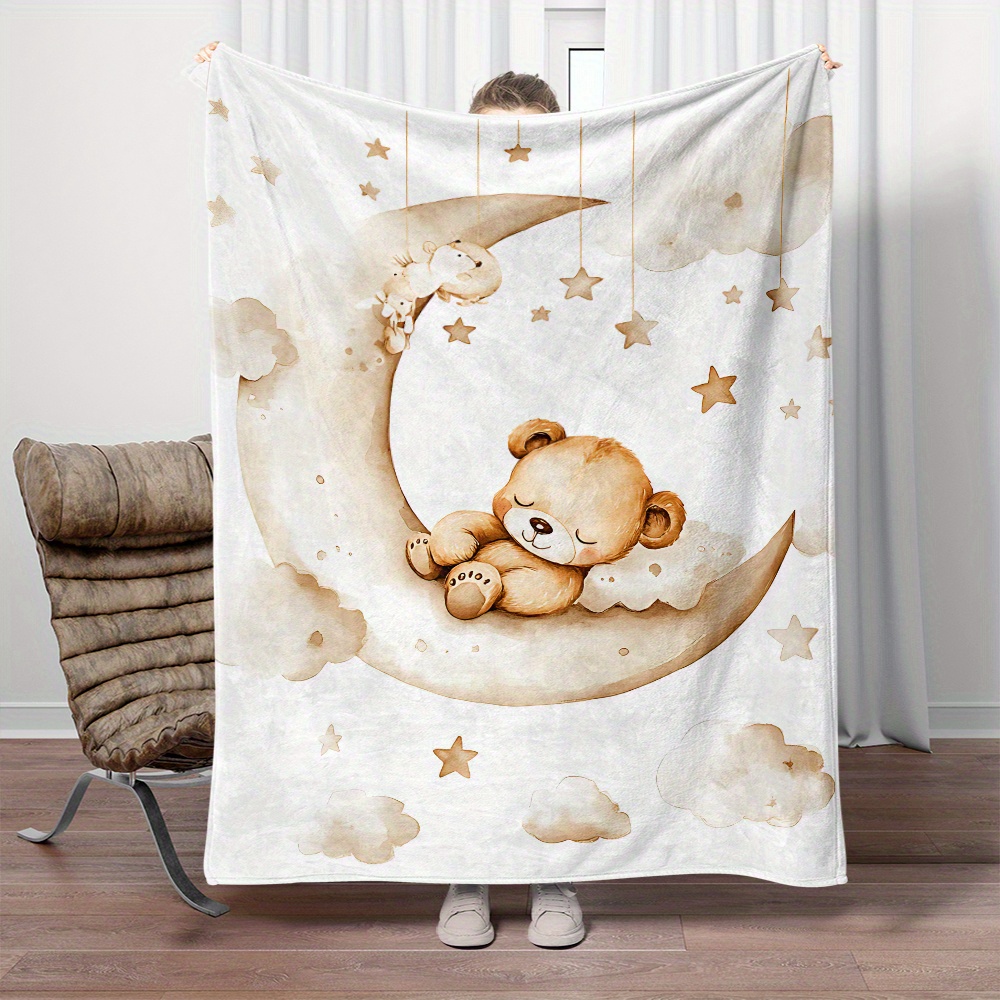 Image of 1pc , Cute Little Bear Print Portable Blanket-lightweight Flannel Throw For Sofa Bed Travel Camping Livingroom Office Couch Chair And Bed-digital Printing Fleece Blanket With Soft And Warm Flannel