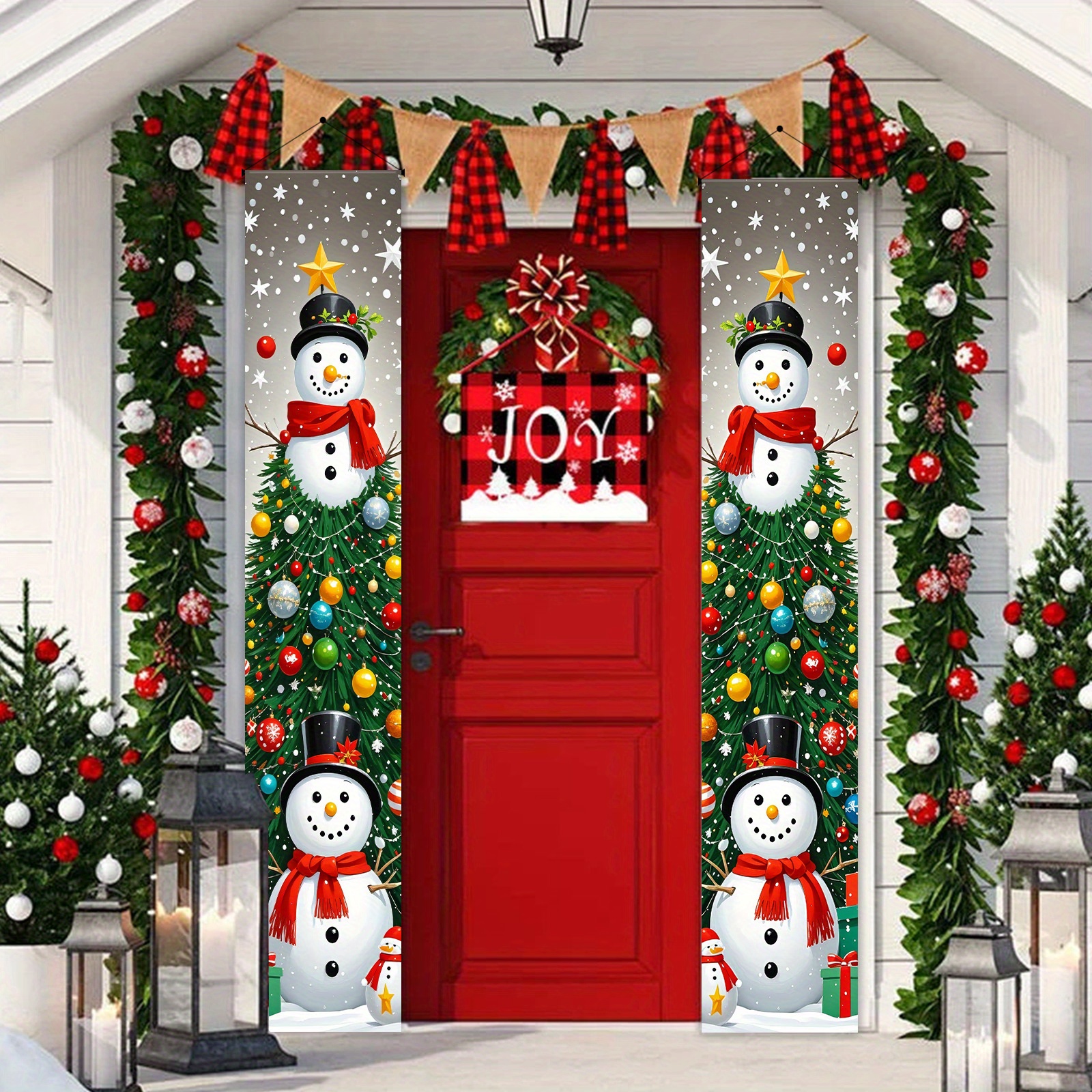 

Merry Christmas & Happy New Year Polyester Door Banner - 11.8x70.8" Snowman, Christmas Tree & Holly Design - Indoor/outdoor Holiday Decorations, Easy To Hang, Best For Christmas