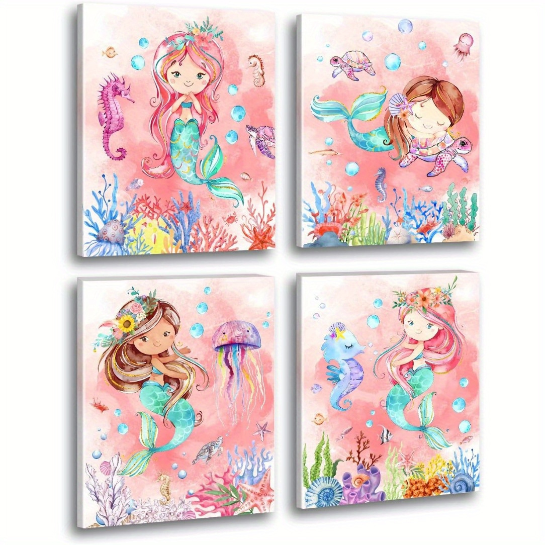 TEMU Set Of 4 Mermaid Wall Art Prints For Girls Bedroom And Nursery Decor - Whimsical Mermaid Paintings - Frameless Watercolor Artwork - Ocean Themed