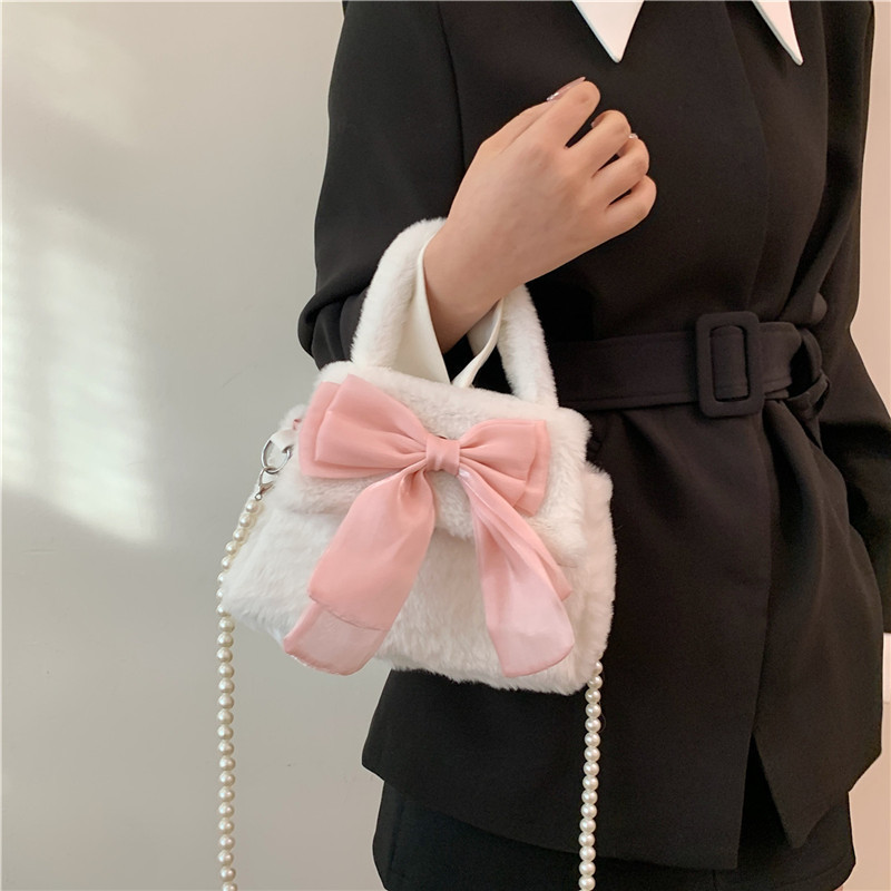 

Chic Plush Bowknot Handbag For Women - Fashionable Mini Crossbody With Detachable Strap, In Light Brown, White, Pink, Black