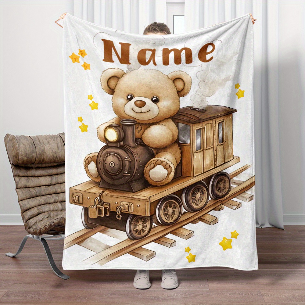 

1pc Personalized Bear Name Blanket - Knitted Flannel For Sofa, Bed, , - , Tear-, Fleece Blanket