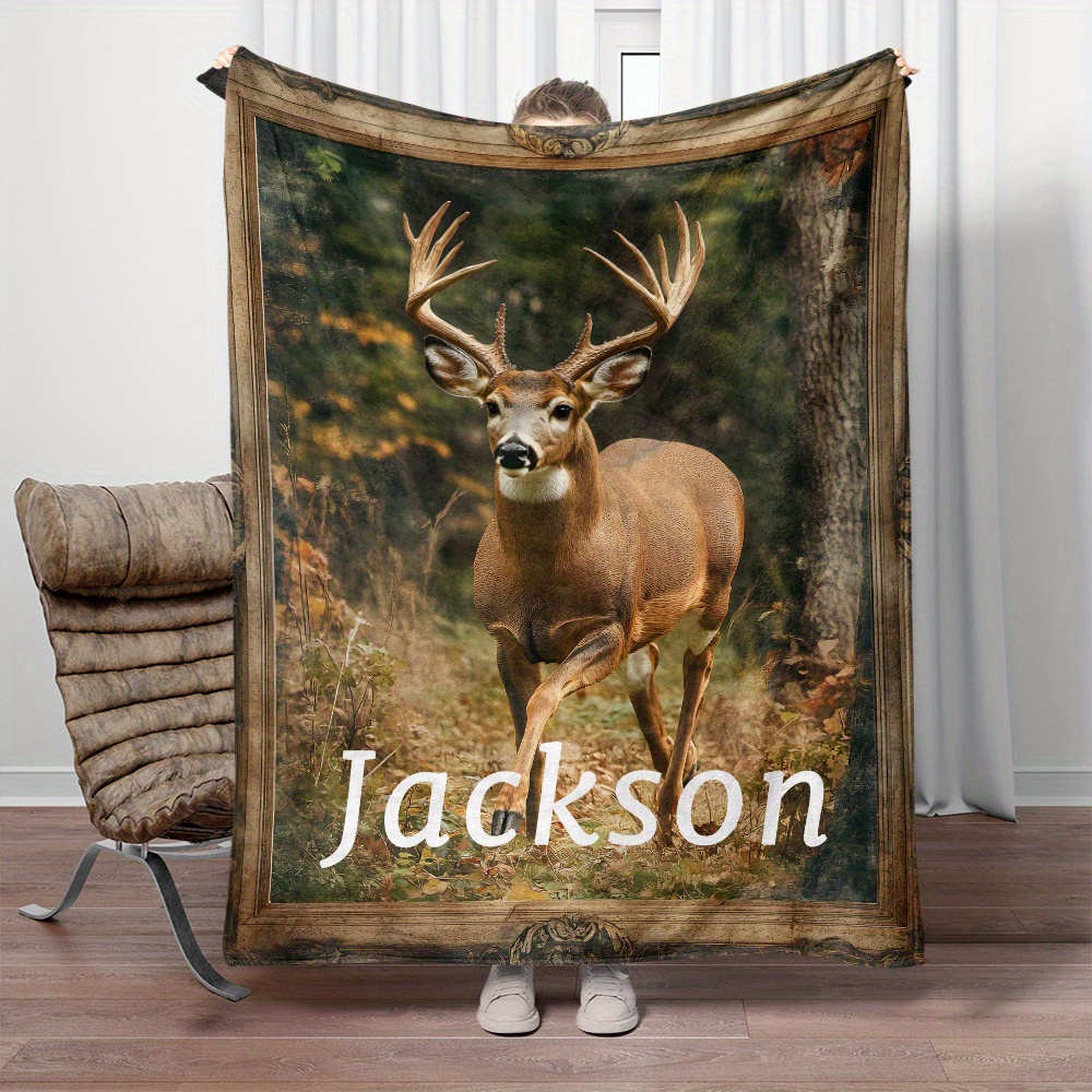 

Custom Name Deer Print Flannel Throw Blanket - Soft, Warm & Lightweight For Couch, Bed, Travel & Camping - Fleece, Multiple Sizes