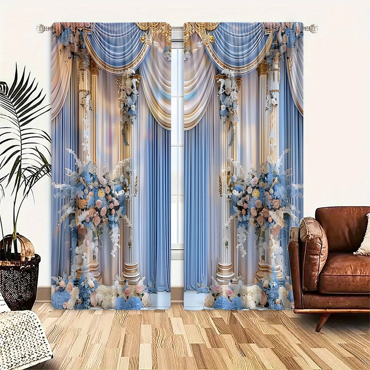 

2pcs Set, Floral Print Sheer Curtains - Light-filtering Polyester Drapes For Bedroom, Living Room, Office - Rod , Fade-resistant, Machine Washable, Contemporary Style Home Decor