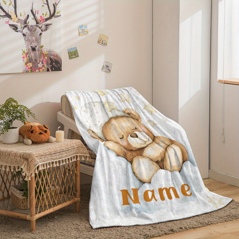 1pc Cute Teddy Bear Personalization Custom Name Portable Blanket-  Lightweight Flannel Throw for Sofa, Bed, Travel, Camping, Livingroom,  Office, Couch,
