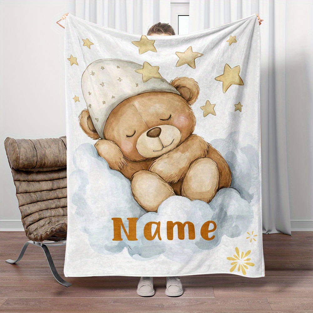 

1pc Bear Personalized Name Portable Blanket- Flannel For Sofa, Bed, , , Livingroom, , , , And Bed - Blanket And Flannel