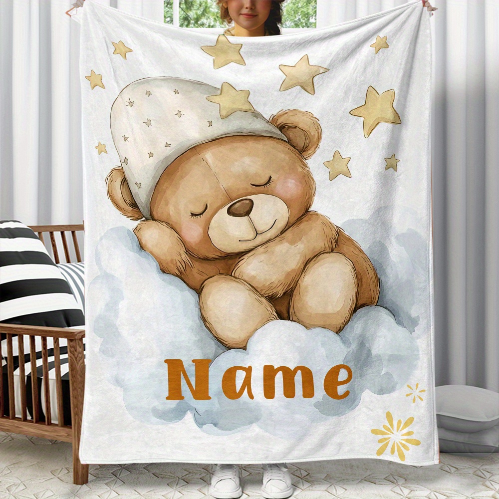 1pc Cute Teddy Bear Personalization Custom Name Portable Blanket-  Lightweight Flannel Throw for Sofa, Bed, Travel, Camping, Livingroom,  Office, Couch,