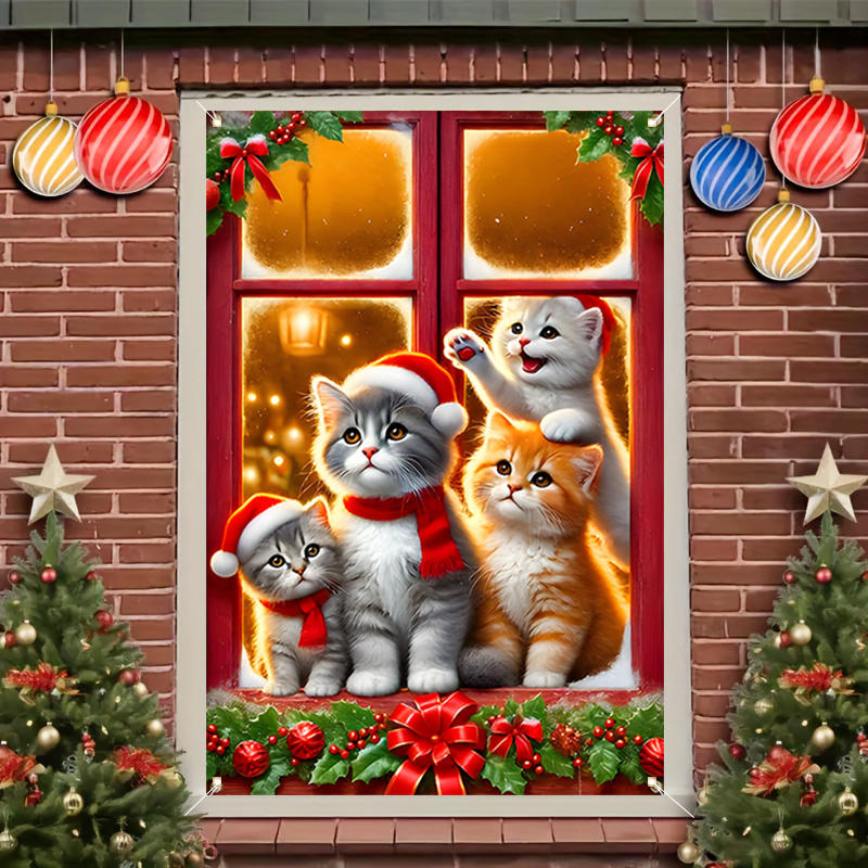 

Christmas Cat Polyester Window Banner 31x47in - 1pc Art Hanging Ornament, Indoor/outdoor Decoration For , Merry Berry , Featherless, No Electricity Needed