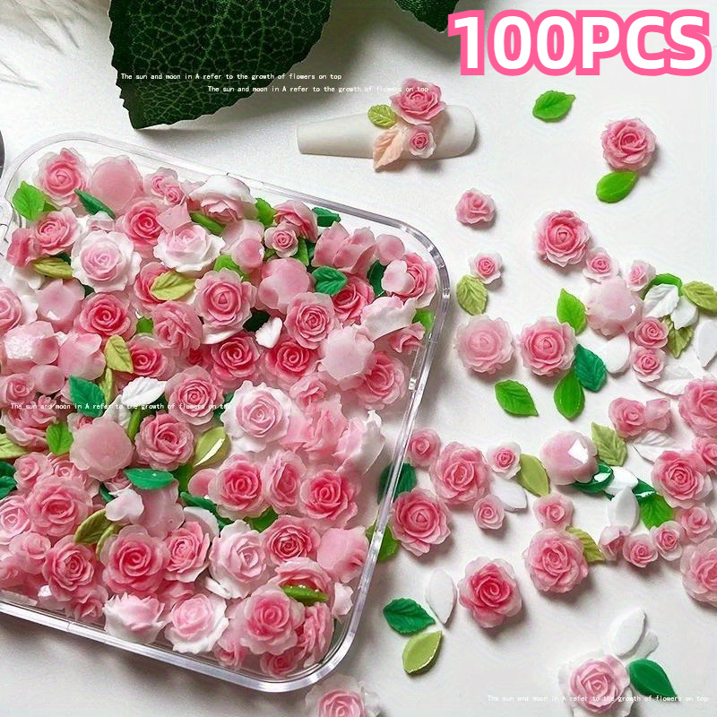 TEMU 50/100pcs Mixed Camellia And Leaf Set Decoration With Luminous Resin, Pink Flower Nail Decoration Valentine's Day - , Red, Beige, Milk Theme