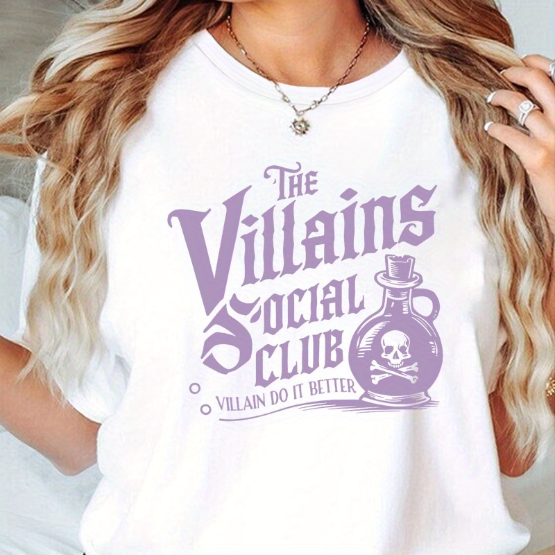 

Skull & Print T-shirt - Casual Crew Neck Short Sleeve Top For Women, Spring/summer Collection