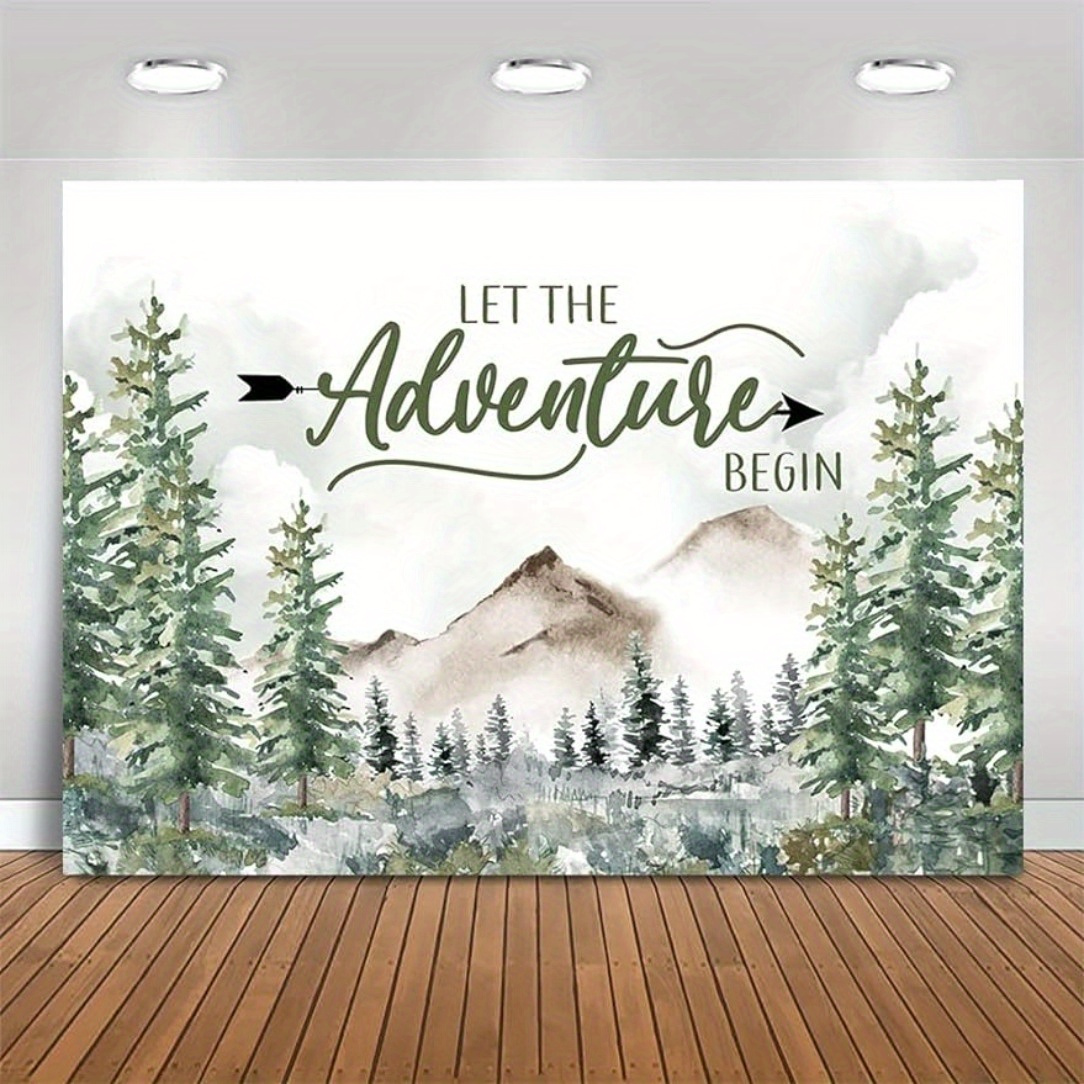 

1pc, 5.9x3.6ft, "let Begin" Rustic Mountains Woodland Backdrop, Polyester, Artistic Photography Background For Baby Shower, Birthday Party, School, Classroom Decor