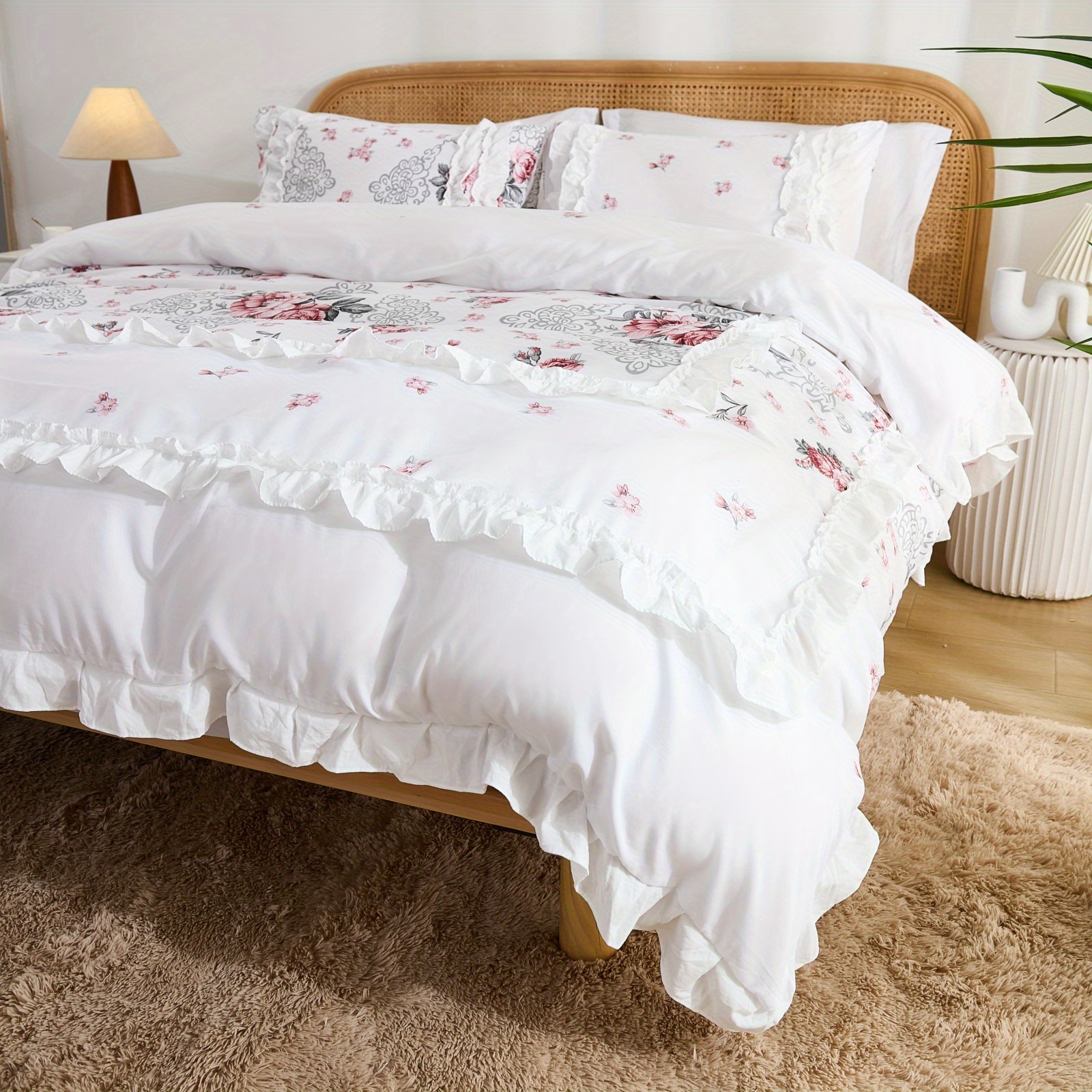 3pcss 90g July Fiber Polyester White Background Red Floral With 3 Ruffles Duvet Cover Set, Bedding 3pcs Set, 1pc Duvet Cover And 2pcs Pillowcases, Duvet Cover Set, Style, 10 Sizes