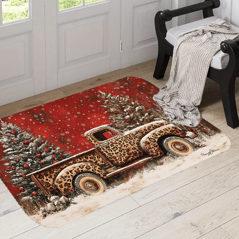 

Merry Christmas Leopard Print Truck & Area Rug - & Brown, Machine Washable Polyester Home Decor, Christmas Decor